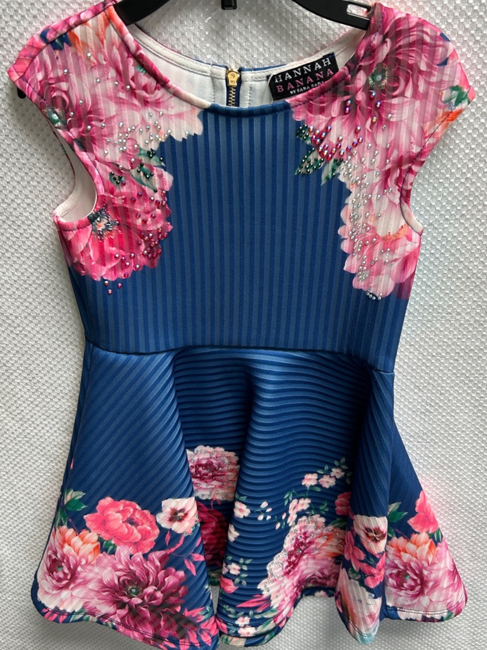 Hannah Banana Navy & Pink Floral Fit-and-Flare Dress w/ colored Rhinestones NWT!